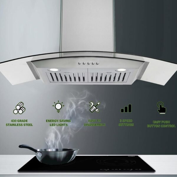 GAOMON 30 Inch Curved Glass Range Hood, Ductless/Ducted Convertible Stove Vent Hood with Chimney, 3 Speed Fan, LED Light, Button Control Vent Hood for Stove Kitchen, 400 CFM
