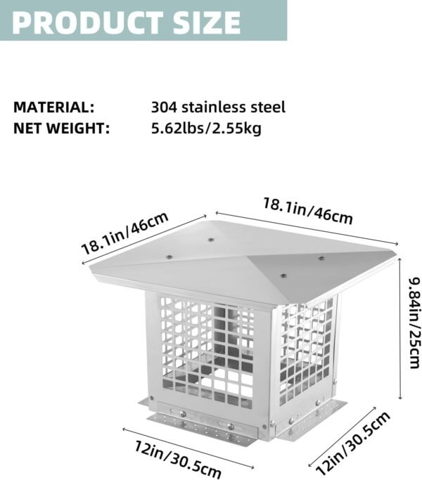 Chimney Cap - 12x12 Inch Square, Stainless Steel, Adjustable Bottom, Mesh Covers, Clay Flue Compatible
