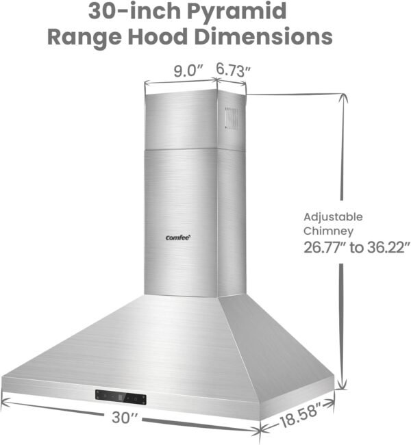 COMFEE' CVP30W7AST 30 Inch 450 CFM 3 Speed Gesture Sensing &Touch Control Panel Stainless Steel Wall Mount Ductless/Ducted Convertible Vent Baffle Filters and 2 LED Lights Range Hood