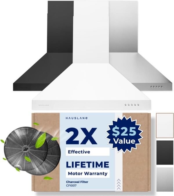 Hauslane Wall Mount Range Hood 30 Inch | Matte White Wall Chimney | 6” Duct/Ductless Convertible, Strong Suction, Six-layer Aluminum Filters, Changeable LED Lamps, Stove Kitchen Vent Hood