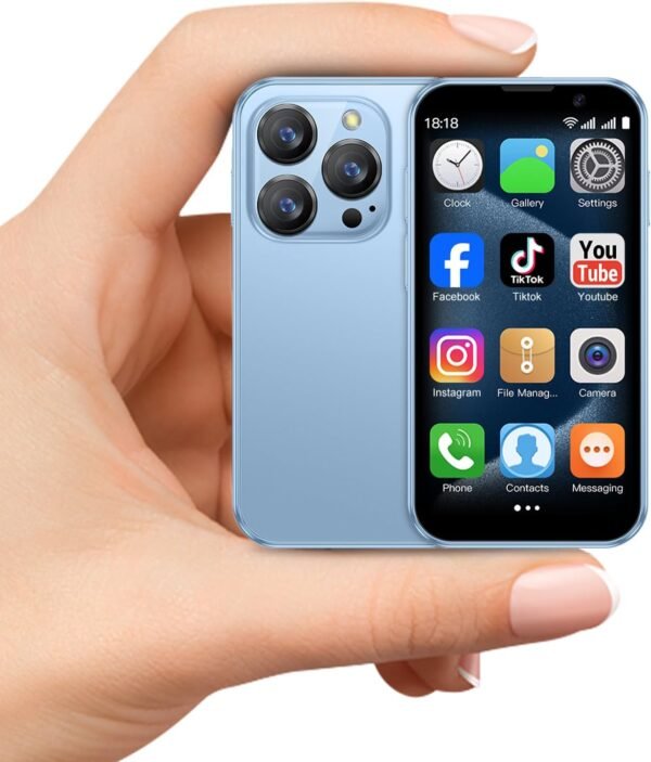V-18pro Mini Smartphone for Kids, Unlocked, 2GB+16GB, Blue, 3.0" HD Touch Screen, Quad Core, Dual Sim, Face ID, 3MP+5MP Camera, Compact Mobile Phone