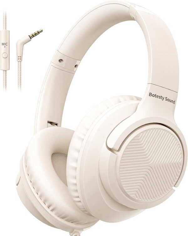 Headphones Wired with Microphone, Over Ear Foldable 3.5mm Plug in Headphones with 4.9ft Tangle-Free Nylon Cord for Tablet, Computer, MP3/4, Airplane Travel (Beige)