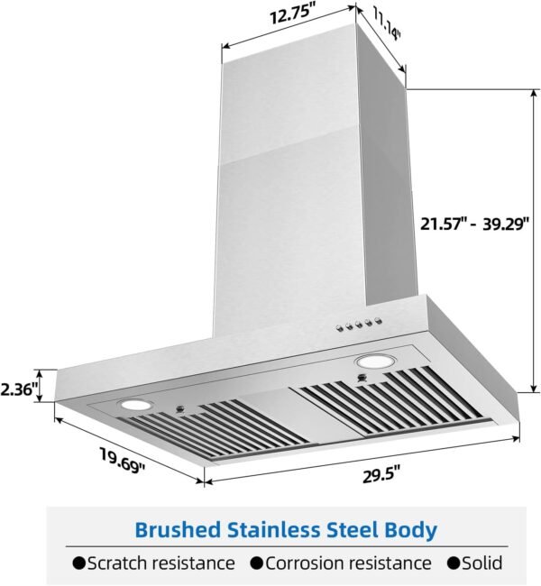 Wall Mount Range Hood 30 Inch 900CFM Vent Hood T Shape with Stainless Steel Stove Hood Split Type Permanent Grease Baffle Filter, Chimney Style Kitchen Exhaust Fan, Ductless Convertible