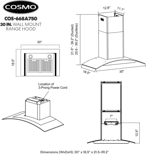 COSMO COS-668A750 30 in. Vista Collection 380 CFM Ducted Wall Mount Range Hood, Button Controls, LED Lights, Stainless Steel