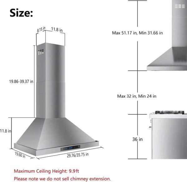 IKTCH 30-inch Wall Mount Range Hood 900 CFM Ducted/Ductless Convertible, Kitchen Chimney Vent Stainless Steel with Gesture Sensing & Touch Control Switch Panel, 2 Pcs Adjustable Lights(IKP02-30'')