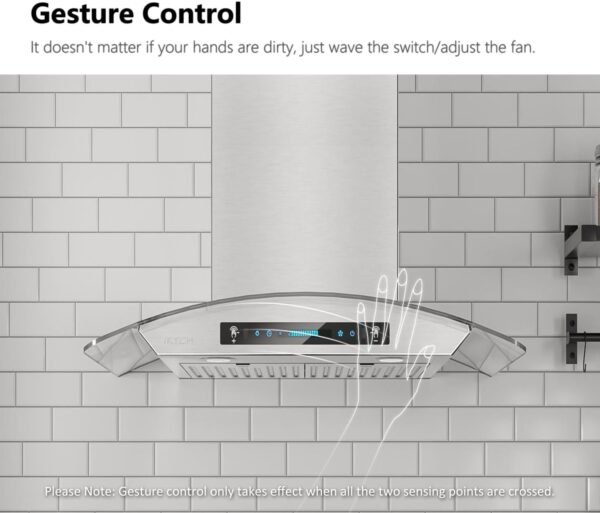 IKTCH 30-inch Wall Mount Range Hood Tempered Glass 900 CFM, Kitchen Chimney Vent Stainless Steel with Gesture Sensing & Touch Control Switch Panel, 2 Pcs Adjustable Lights(IKP03-30)