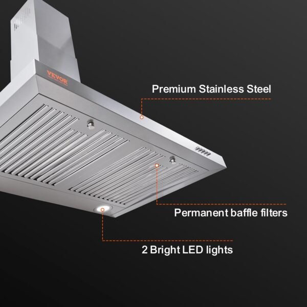 VBENLEM Wall Mount Range Hood, Ductless Chimney-Style Kitchen Stove Vent, Stainless Steel Permanent Filter with 3-Speed Exhaust Fan, 2 Baffle Filters, LED Lights, Push Button, Silver (30 inch)