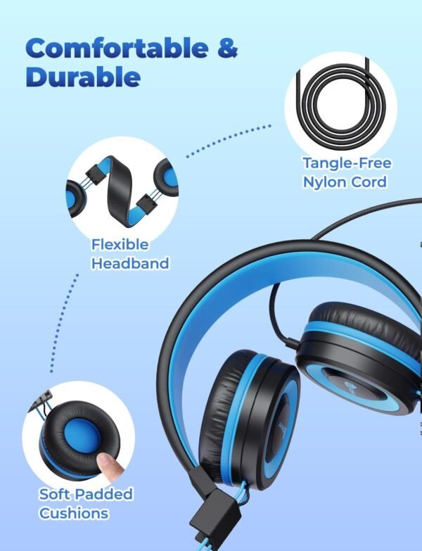 iClever Kids Headphones with Cord, 85/94dB Safe Volume Tech, Bending Resistance Durable, Foldable, Stereo Sound 3.5mm Jack Wired Headphones for Kids Boys Girls Tablet/Travel/School, HS14