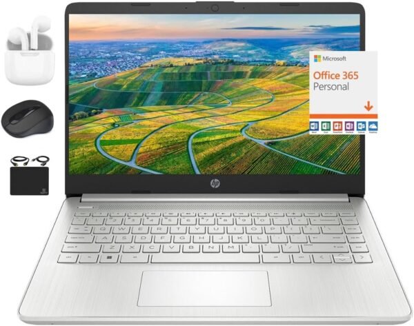 HP New 14" HD Ultral Light Thin Laptop, Quad-Core Intel Celeron Processor, 4GB RAM, 192GB (128GB eMMC+ 64GB Card), Wi-Fi, Upto 11 Hours, Windows 11 S + 1 Year Office 365+HubxcelAccessory, Silver