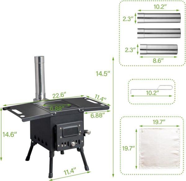 Outdoor Portable Camping Tent Stove Wood Burning with Chimney Pipes, Wood Stove for Tent,Camping, Outdoor Cooking, Hiking, Travel