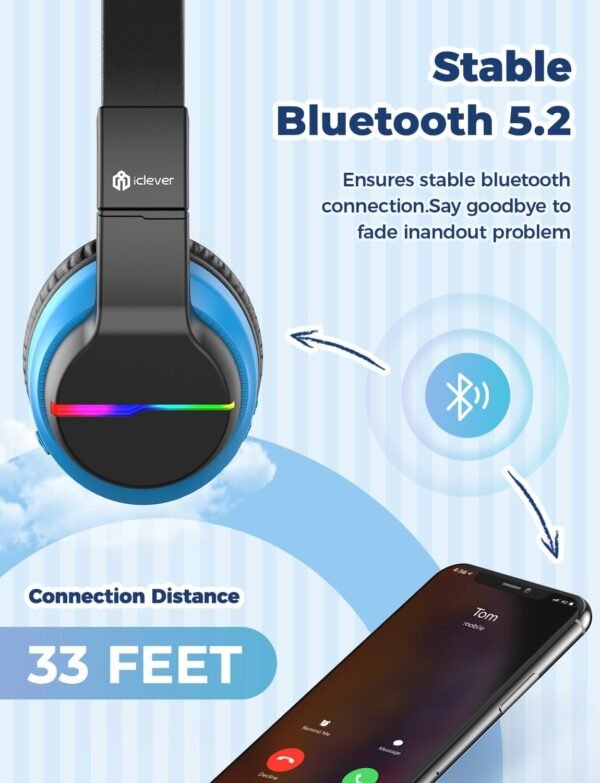 iClever BTH12 Kids Bluetooth Headphones,Colorful LED Lights Wireless Kids Headphones,74/85dBA Safe Volume,85H Playtime,Bluetooth 5.2,Over Ear Headphones Built-in Mic for iPad/Tablet/Airplane,Black