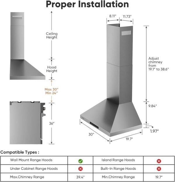 Wall Mount 30 Inch Range Hood 900 CFM, Ductless/Ducted Convertible Kitchen Hood, 3-speed Gesture Sensing & Touch Control, Stainless Steel Kitchen Vent Hood with Permanent Baffle Filters