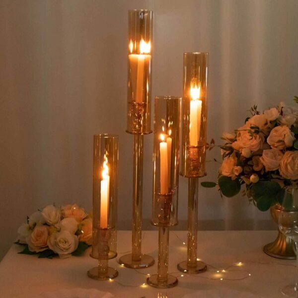 Efavormart Set of 4 Gold Crystal Glass Hurricane Taper Candle Holders with Tall Cylinder Chimney Tubes - 14", 18", 22", 26"