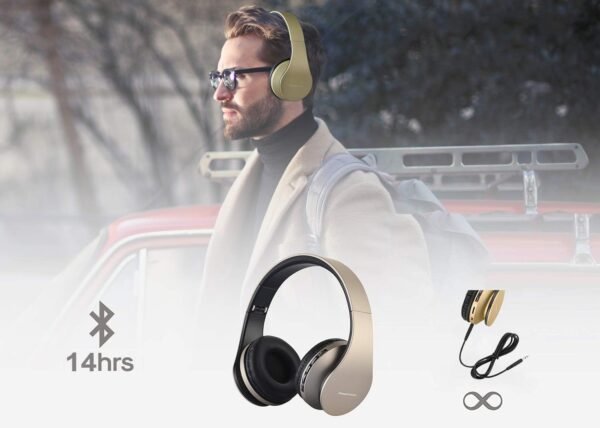 PowerLocus Wireless Bluetooth Over-Ear Stereo Foldable Headphones, Wired Headsets Rechargeable with Built-in Microphone for iPhone, Samsung, LG, iPad (Gold)