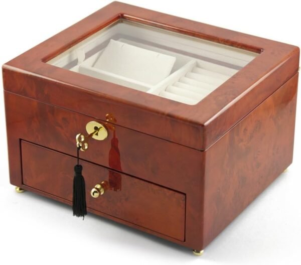 Classic Wood Tone Glass Panel 36 Note Music Jewelry Box - Many Songs to Choose - Sound of Music