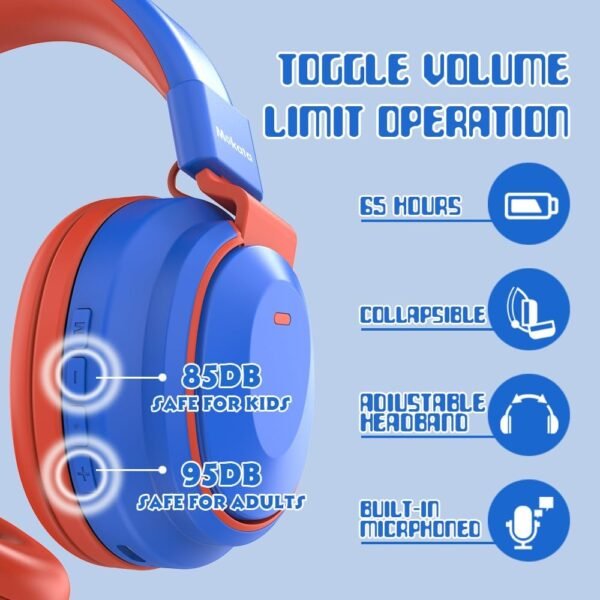 Kids Headphones Bluetooth 5.3 Wireless 60H Play Time Volume Limited 85/110dB Over Ear Foldable Headset with Cable Aux Mic for iPad Notebook Boy Girl Travel School Tablet Blue