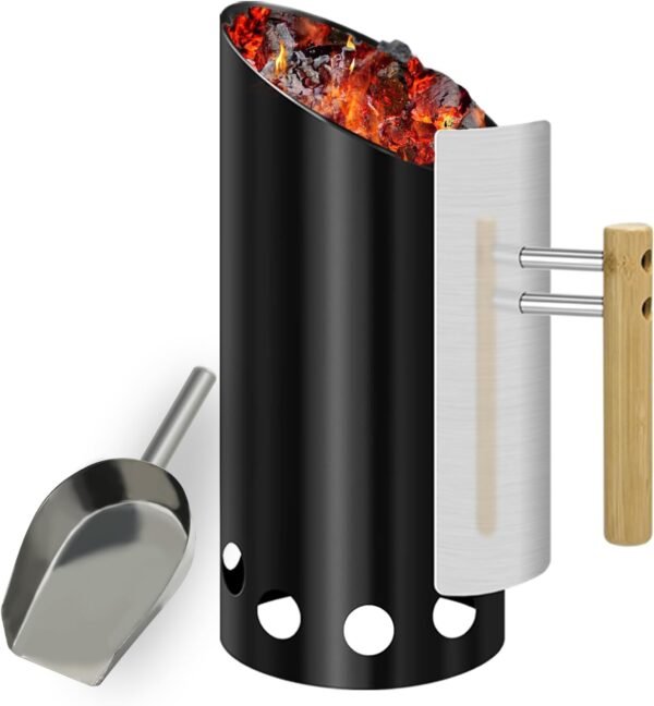 Charcoal Chimney Starter with 11" Briquet Shovel Set, Double Enameled Large Capacity Chimney Starter for Charcoal Grill with Heat Shield & Wood Handle Great Heat Insulation and Easy Grip