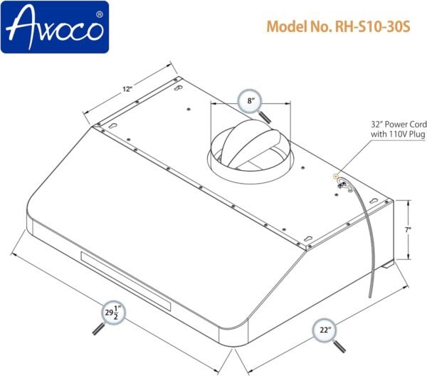 Awoco 30” Supreme 7” High Stainless Steel Under Cabinet Range Hood 4 Speeds, 8” Round Top Vent, 1000CFM 2 LED Lights, Remote Control & External Oil Collector (RH-S10-30S)