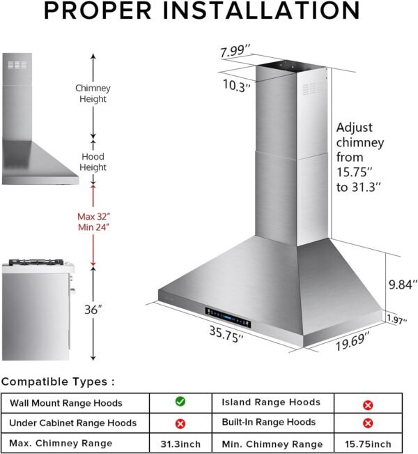 HisoHu Wall Mount Range Hood 36 Inch,Ductless/Ducted Convertible, 780 CFM Kitchen Vent Hood, Stainless Steel Mesh Filters,4 Speed Gesture Sensing&Touch Control Panel, Stainless Steel Kitchen Vent