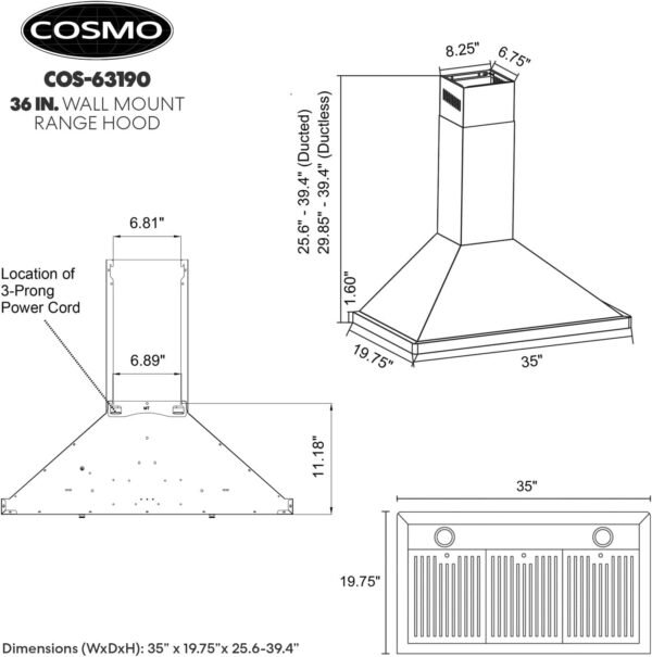COSMO COS-63190 36 in. Vista Collection 380 CFM Ducted Wall Mount Range Hood, Button Controls, LED Lights, Stainless Steel