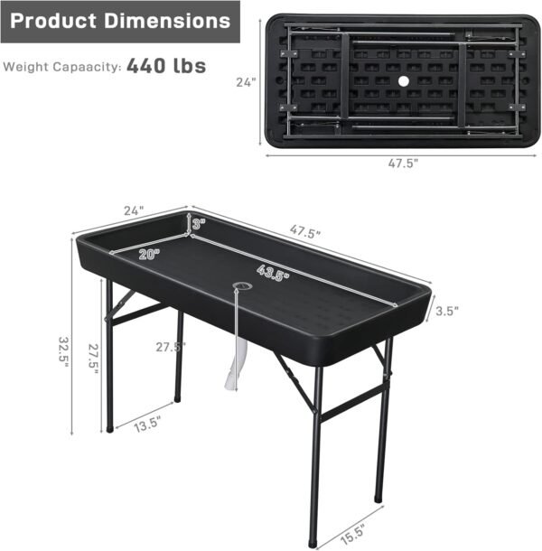 VINGLI 4 Foot Folding Party Ice Cooler, Portable Tailgate Camp Fishing Cleaning Table, Plastic with Matching Skirt, Ice Table for Party, BBQ, Camping, Picnic (Black)