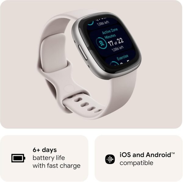 Fitbit Sense 2 Advanced Health and Fitness Smartwatch with Tools to Manage Stress and Sleep, ECG App, SpO2, 24/7 Heart Rate and GPS, Lunar White/Platinum, One Size (S & L Bands Included)
