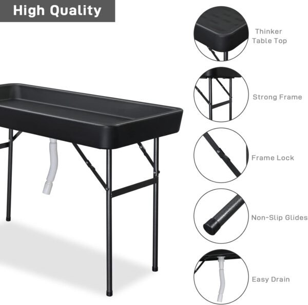 VINGLI 4 Foot Folding Party Ice Cooler, Portable Tailgate Camp Fishing Cleaning Table, Plastic with Matching Skirt, Ice Table for Party, BBQ, Camping, Picnic (Black)