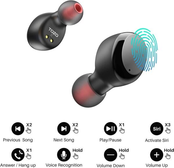 TOZO T6 True Wireless Earbuds Bluetooth 5.3 Headphones 45H Long Playtime, Wireless Charging Case, IPX8 Waterproof Stereo Earphones, Built-in Mic Calls, Headset Premium Deep Bass 32 Preset EQs via APP