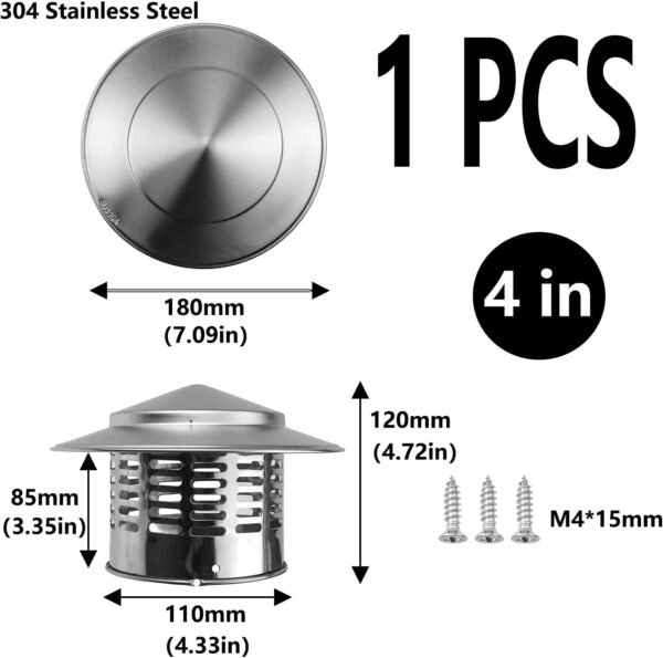 Semetall Round Chimney Cap,4 Inch Cone Top Chimney Cap,304 Stainless Steel Chimney Cover,Stove Pipe Chimney Cap, Silver