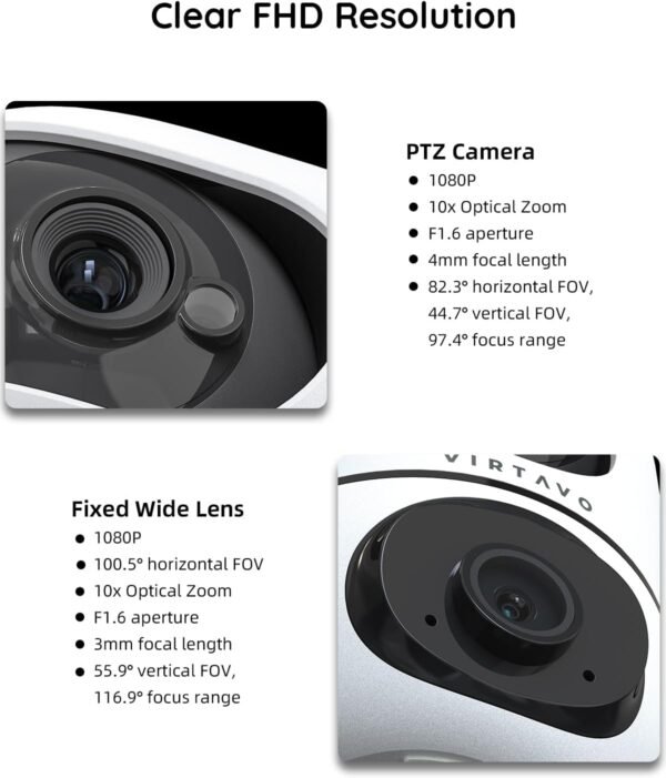 virtavo XD1 Indoor Security Camera, Dual-Lens & Split View, 360° PTZ Baby Monitor & Pet Cam, Motion Tracking, 2-Way Audio, Night Vision, Cloud/SD Storage, Phone App, 2.4GHz WiFi