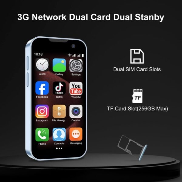 V-18pro Mini Smartphone for Kids, Unlocked, 2GB+16GB, Blue, 3.0" HD Touch Screen, Quad Core, Dual Sim, Face ID, 3MP+5MP Camera, Compact Mobile Phone