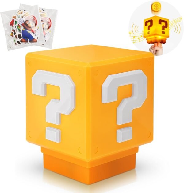 Super Bro Toys, Illusion Question Block Decorations Night Light for Kids and Fans, Yellow LED Night Lamp Box with Game's Gold Coin Sound, USB Power Cable and 100 Game Cartoon Stickers