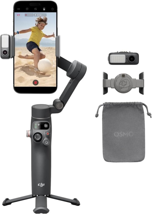 DJI Osmo Mobile 7P Gimbal Stabilizer for Smartphone 3-Axis Phone Gimbal Bundle with 2X Deco Essentials 3.5mm Clip-On Mini Lapel Microphone +LED Cordless Smartphone Ring Light + 2 Year Protection Pack