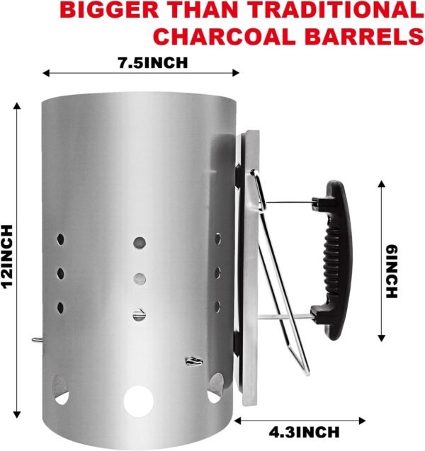 Charcoal Chimney Starter, 12x7.5 Inch Large Charcoal Chimney with Safety Handle, BBQ Chimney Starter for Charcoal Grill and Barbecue Smokers, Silver