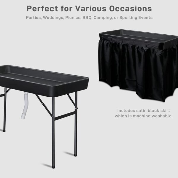 VINGLI 4 Foot Folding Party Ice Cooler, Portable Tailgate Camp Fishing Cleaning Table, Plastic with Matching Skirt, Ice Table for Party, BBQ, Camping, Picnic (Black)