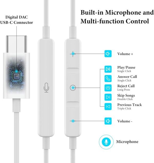 USB C Headphones for iPad Pro iPhone 15 Pro 16 Pro USB Type C Earphones HiFi Stereo USB C Wired Earbuds Microphone Volume Control for Samsung S23 Ultra S22 S21 Note20 A54,Pixel 9 8 7 6 6a 5 4,OnePlus9