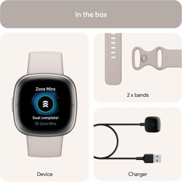 Fitbit Sense 2 Advanced Health and Fitness Smartwatch with Tools to Manage Stress and Sleep, ECG App, SpO2, 24/7 Heart Rate and GPS, Lunar White/Platinum, One Size (S & L Bands Included)