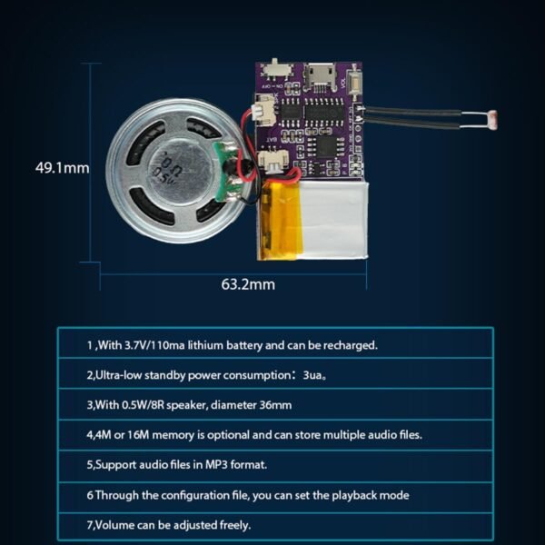 MP3 Music Sound Chips, Voice Module, Light Sensor Control Activated,16 MB Sound Module for Crafts, Christmas, New Year Greeting Cards, Box with Speaker Lithium Battery Powered USB Cable.