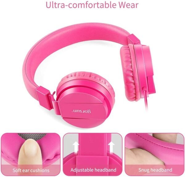 gorsun Kids Headphones, Lightweight Stereo Wired Toddler Headphones, Adjustable Headband Children's Headset for Smartphones Computer Pad Earphones(Pink)