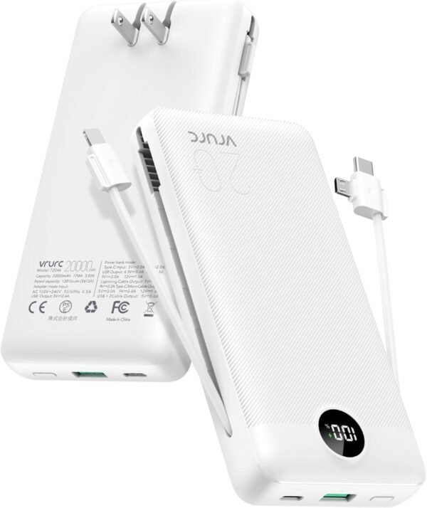 VRURC Power Bank 20000mAh, Fast Charging Portable Charger USB C,4 Output 2 Input Charging Bank Equipped with LED Display,Built-in Wall Plug and Cables,Cell Phone Replacement Battery,White