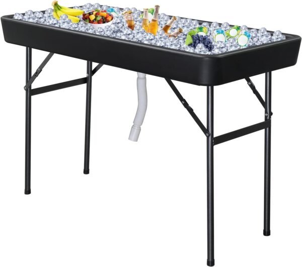 VINGLI 4 Foot Folding Party Ice Cooler, Portable Tailgate Camp Fishing Cleaning Table, Plastic with Matching Skirt, Ice Table for Party, BBQ, Camping, Picnic (Black)