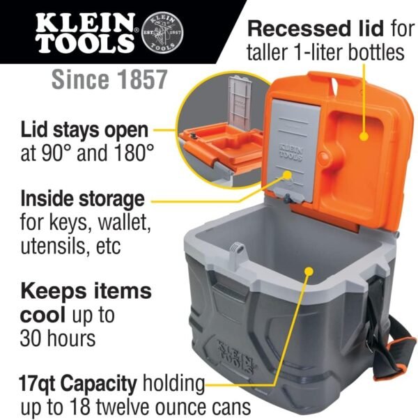 Klein Tools 55600 Work Cooler, 17-Quart Lunch Box Holds 18 Cans, Keeps Cool 30 Hours, Seats 300 Lb, Tradesman Pro Tough Box