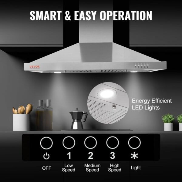 VBENLEM Wall Mount Range Hood, Ductless Chimney-Style Kitchen Stove Vent, Stainless Steel Permanent Filter with 3-Speed Exhaust Fan, 2 Baffle Filters, LED Lights, Push Button, Silver (30 inch)