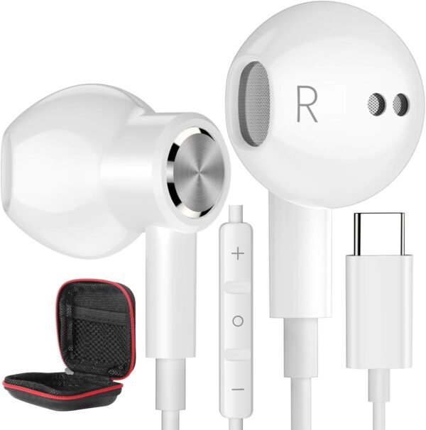 USB C Headphones Type C Earphones Wired for Samsung Galaxy S20 S21 S22 S23 S24 FE S25 Ultra Apple iPhone 15 16 Pro Max 16e iPad Magnetic Earbuds Microphone for Google Pixel 9 8 7 Oneplus Android White