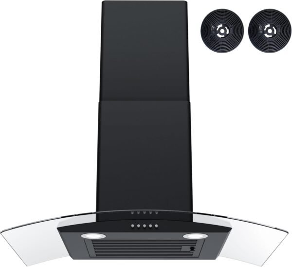 FIREGAS Wall Mount Range Hood 30 inch with 3 Speed Fan,black range hood with tempered glass,400CFM,Push Button Controls, LED Lighting, Permanent Filters in Stainless Steel,includes 2 Charcoal Filters