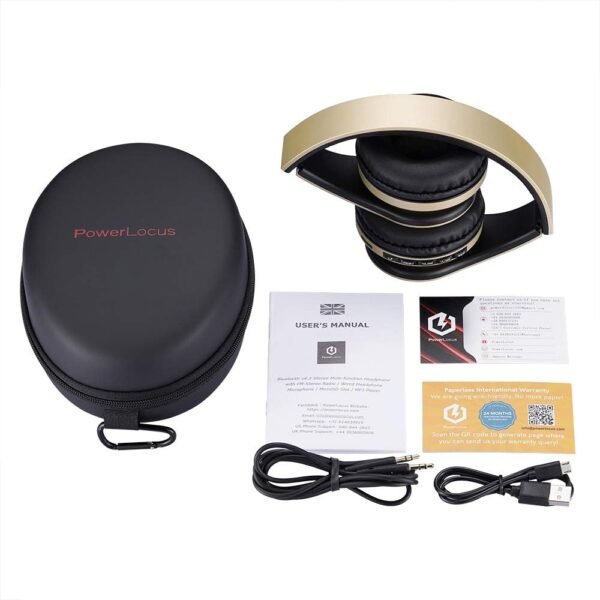 PowerLocus Wireless Bluetooth Over-Ear Stereo Foldable Headphones, Wired Headsets Rechargeable with Built-in Microphone for iPhone, Samsung, LG, iPad (Gold)