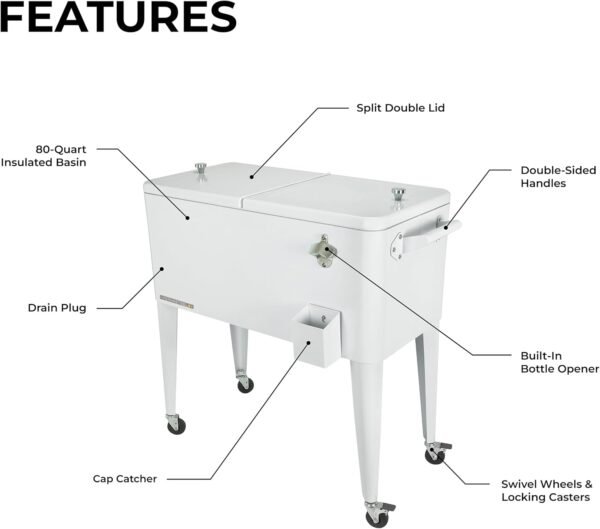 Permasteel 80-Qt Classic Outdoor Patio Cooler for Outside, Beverage Bar Cart With Wheels & Handles, Retro Design