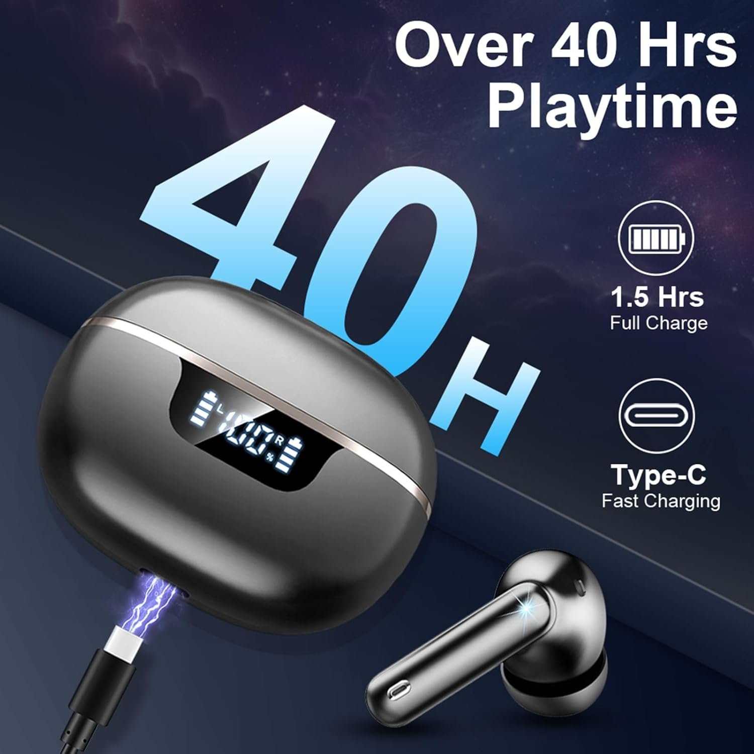 Wireless Earbuds Bluetooth 5.4 Headphones Noise Cancelling, 40H Playtime Bluetooth Ear bud with Dynamic Drivers Stereo, Sports Earphones Wireless Bluetooth with LED Power Display for Laptop Pad Phones