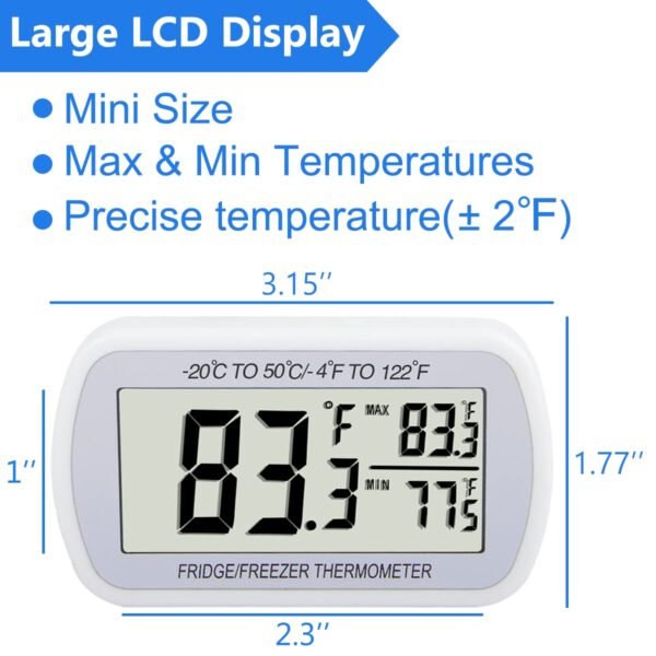 Refrigerator Thermometer Digital Fridge Freeze Room Thermometer Waterproof Large LCD Display Max/Min Record Function, White