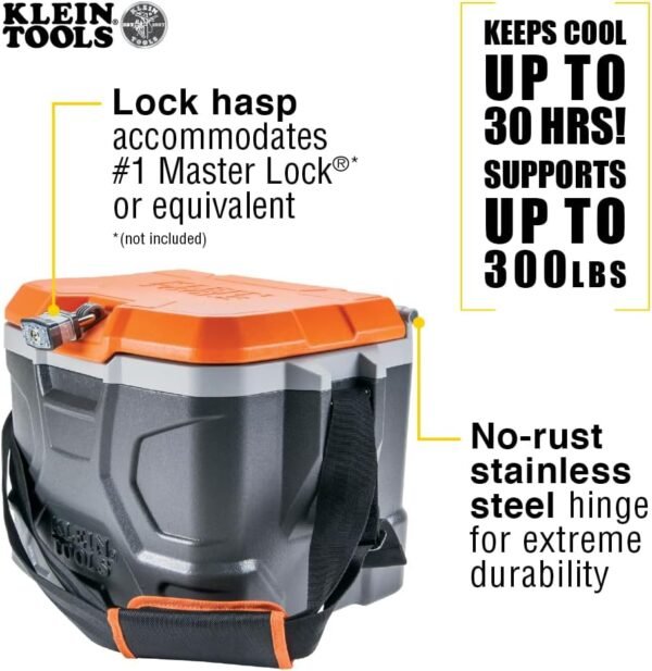 Klein Tools 55600 Work Cooler, 17-Quart Lunch Box Holds 18 Cans, Keeps Cool 30 Hours, Seats 300 Lb, Tradesman Pro Tough Box